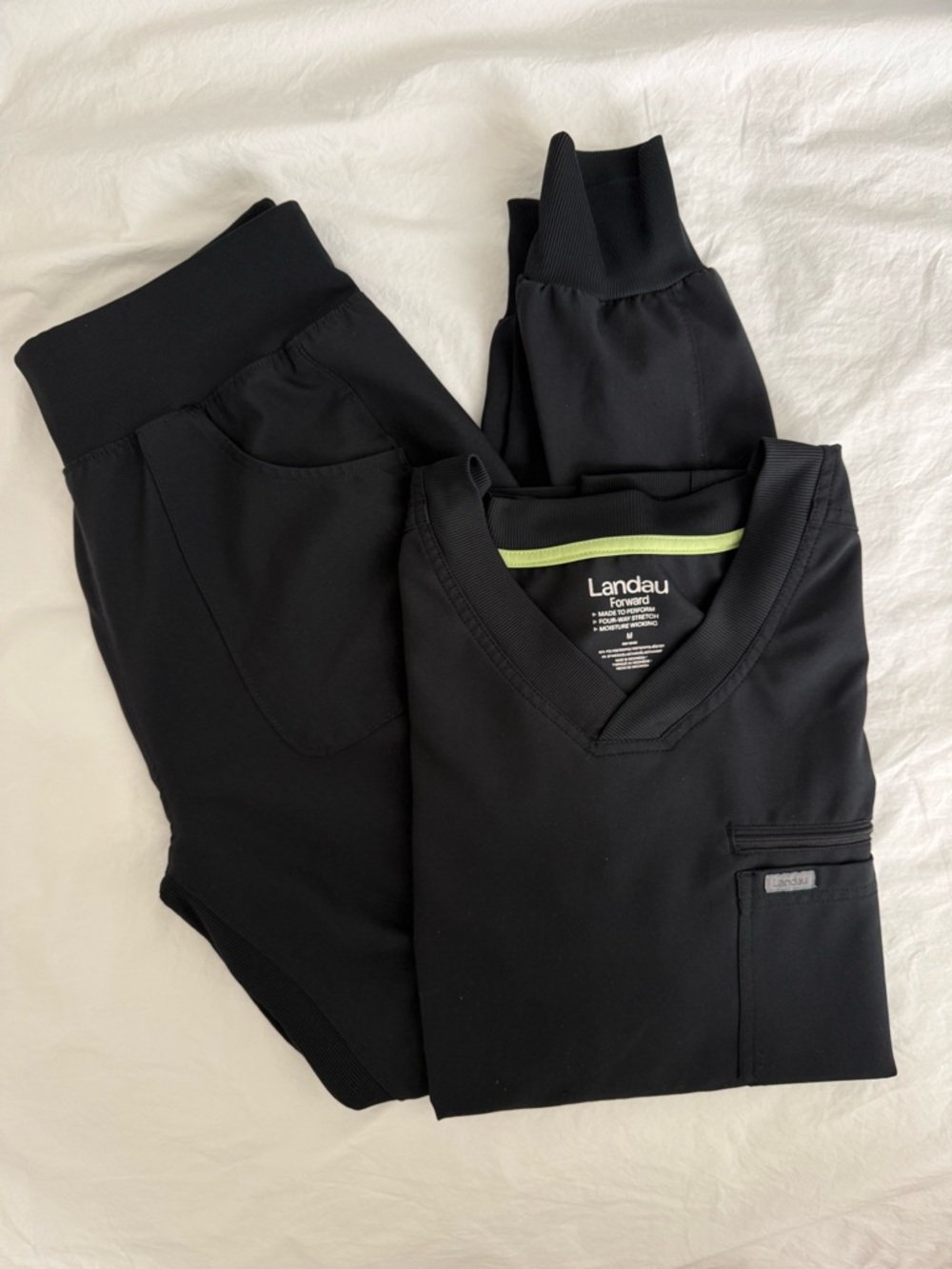 Landau Mens Black Rib Knit Top and Rib Knit Waistband Cargo Jogger Scrub Bottom